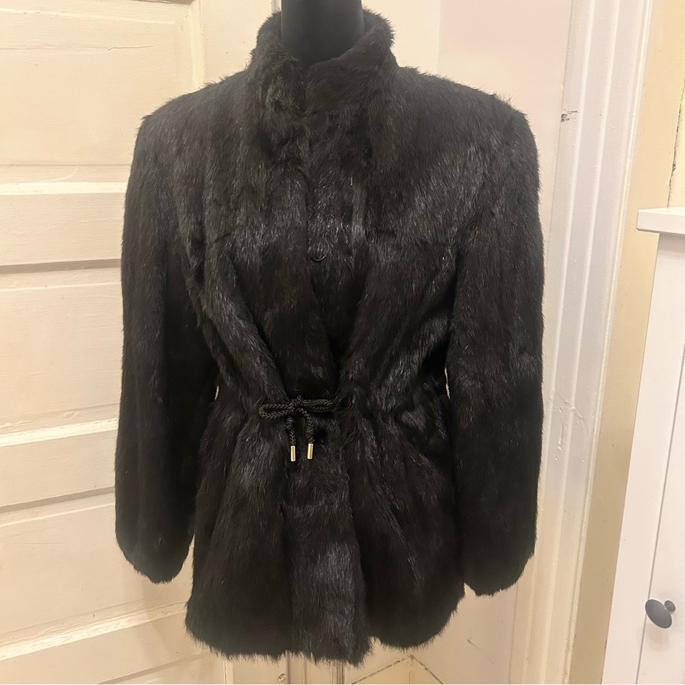 Vintage Black Real Fox Fur Women's Jacket Drawstring Medium Quiet Luxury